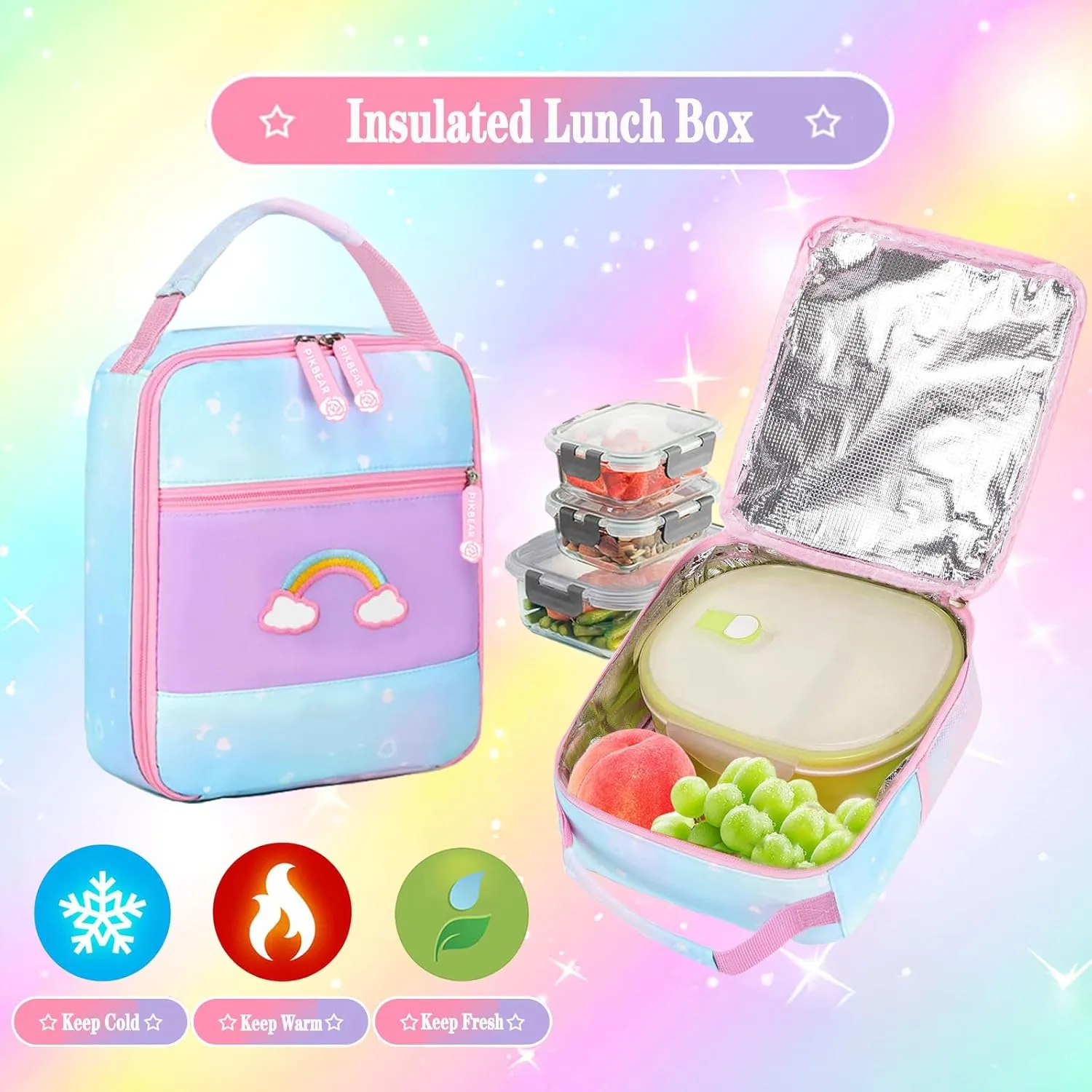 3pcs Girls Backpack,Cute Rainbow School Backpack for Kids Children with Insulated Lunch Box Pencil Case Set