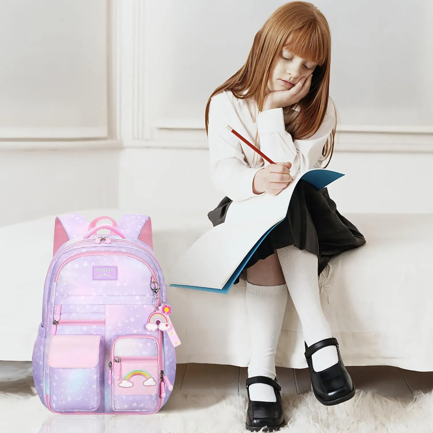 3pcs Girls Backpack,Cute Rainbow School Backpack for Kids Children with Insulated Lunch Box Pencil Case Set