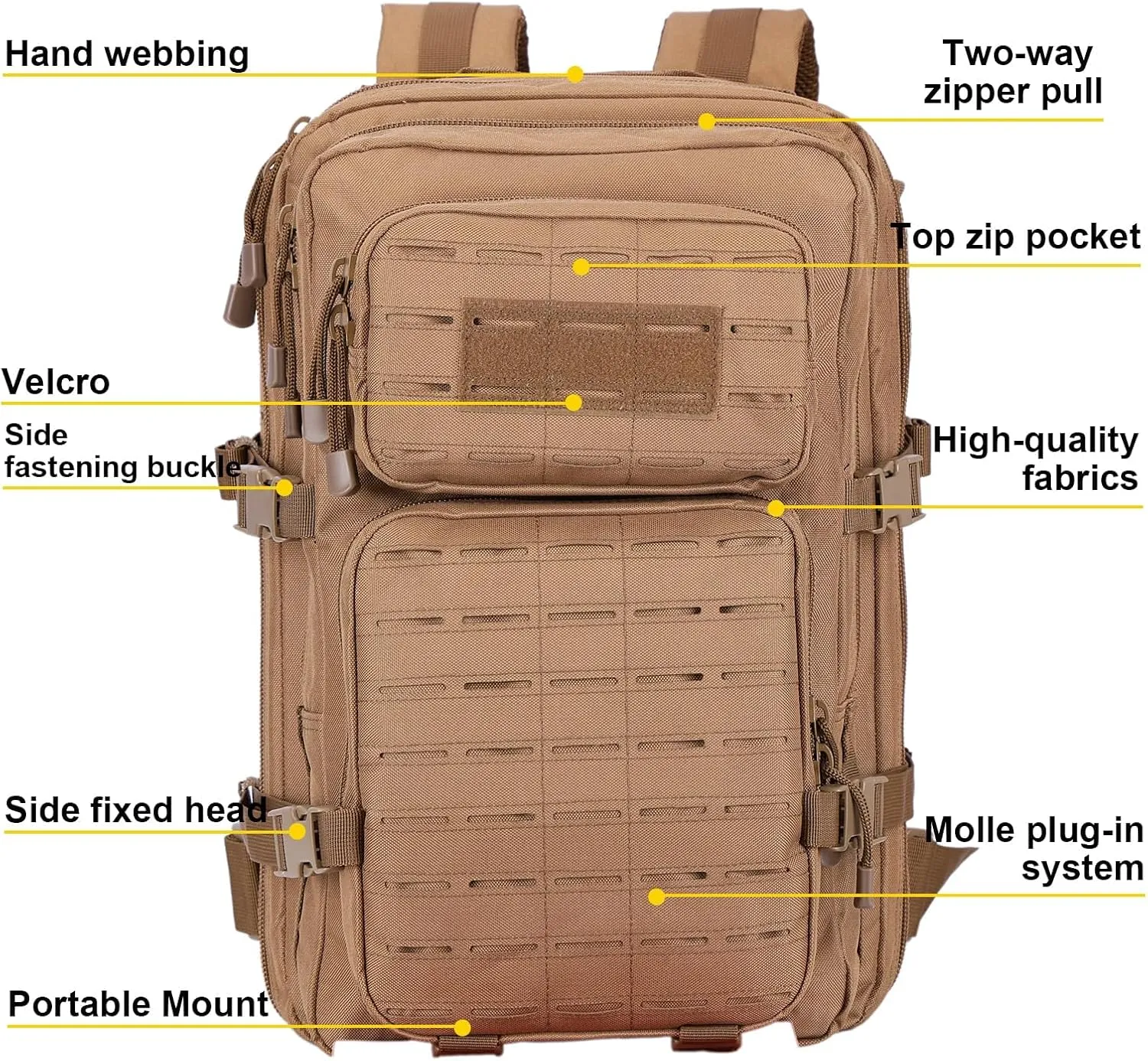 40L Tactical Backpack, Camouflage Military Bug Out Bag, Durable MOLLE Hiking Camping Gear (TAN)