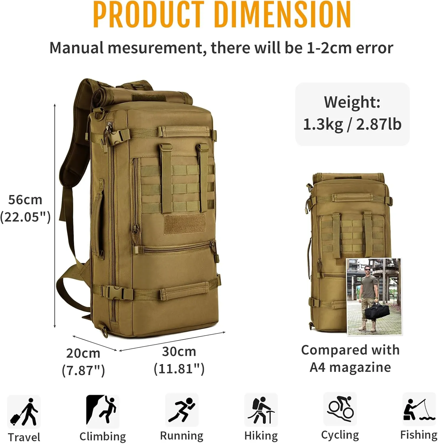 50L 3 Way Tactical Military MOLLE Assault Backpack Modular WR Bag(Dark Brown)
