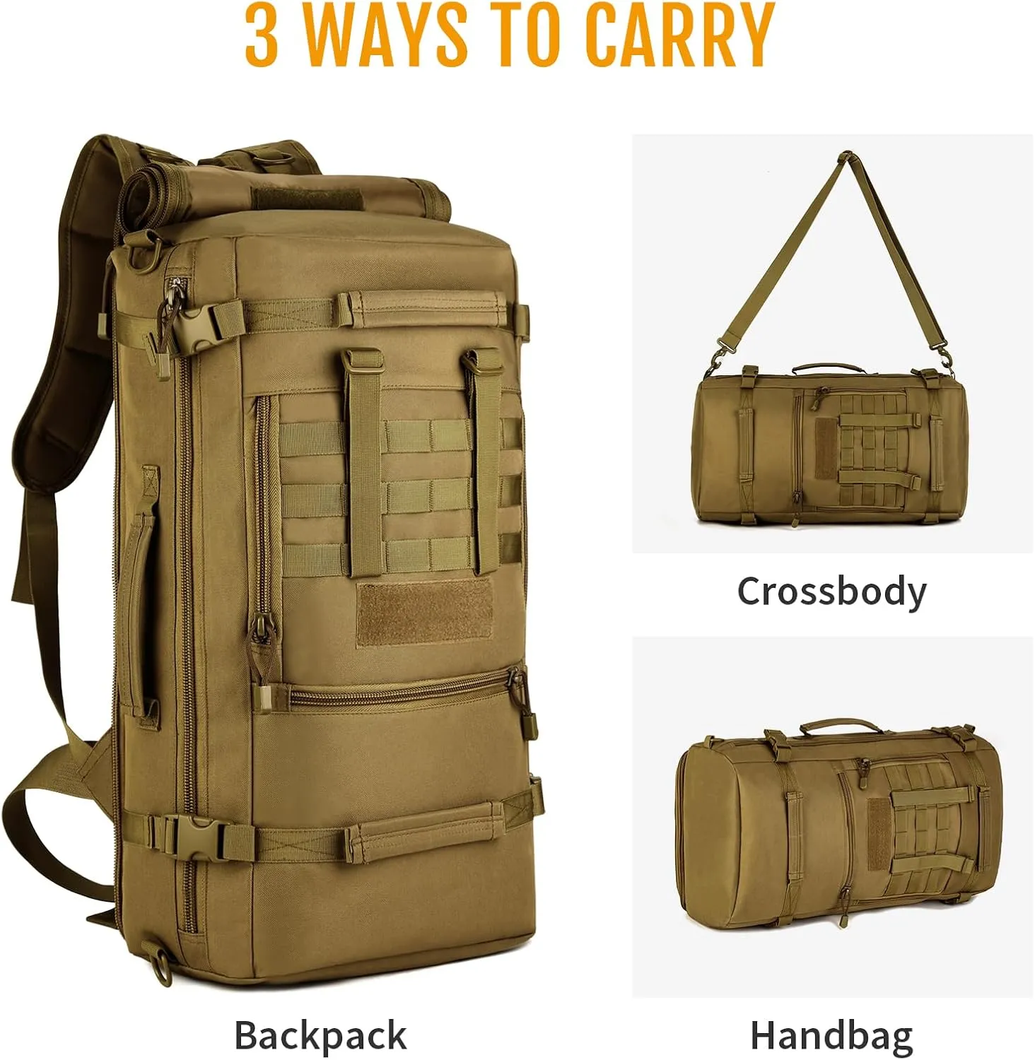 50L 3 Way Tactical Military MOLLE Assault Backpack Modular WR Bag(Dark Brown)