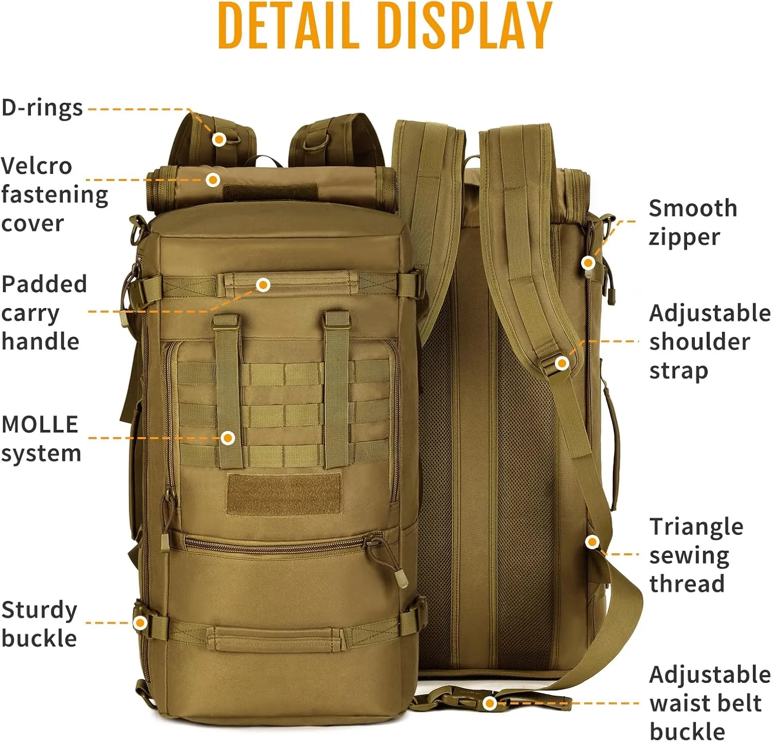 50L 3 Way Tactical Military MOLLE Assault Backpack Modular WR Bag(Dark Brown)