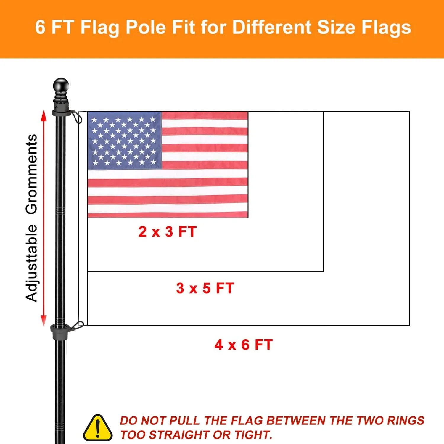 6 FT Black Flag Pole for House, Thicker Stainless Steel Outdoor Flagpole with Tangle Free Aluminum Alloy Flagpole Rings, Rustproof Weather-Resistant 1" OD Flagpole for Residential Commercial