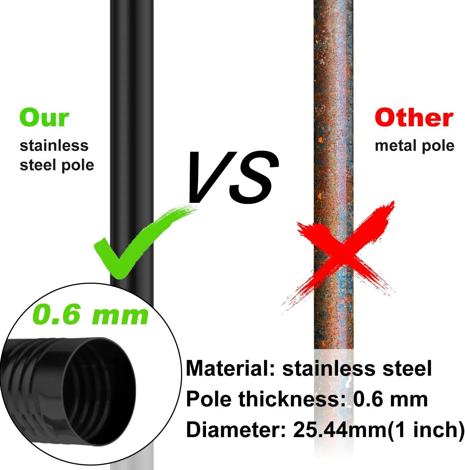 6 FT Black Flag Pole for House, Thicker Stainless Steel Outdoor Flagpole with Tangle Free Aluminum Alloy Flagpole Rings, Rustproof Weather-Resistant 1" OD Flagpole for Residential Commercial