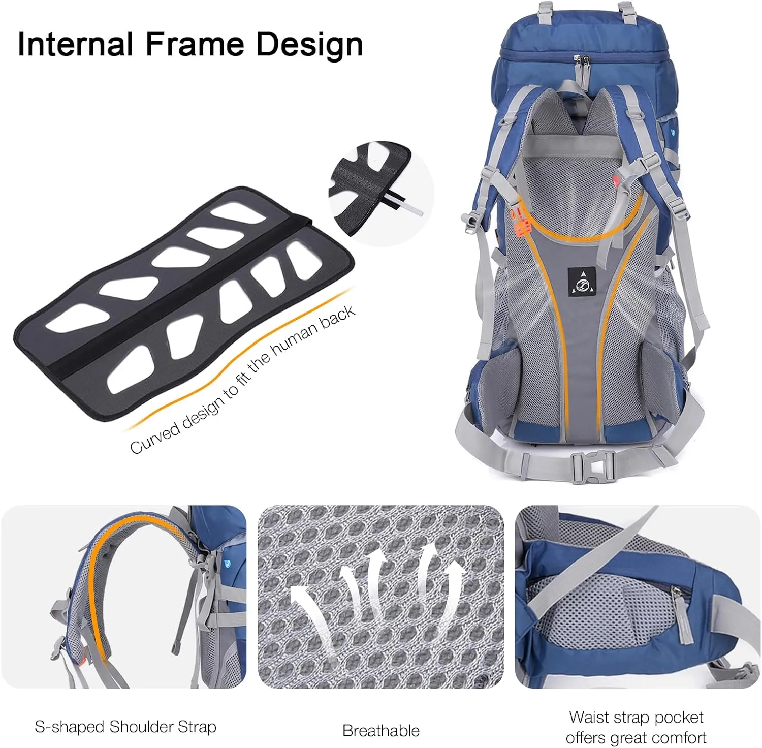 60L Large Hiking Backpack for Men Women, Ultralight Internal Frame Backpack with Rain Cover, Waterproof Camping Backpacking Pack for 3-5 Days, Blue