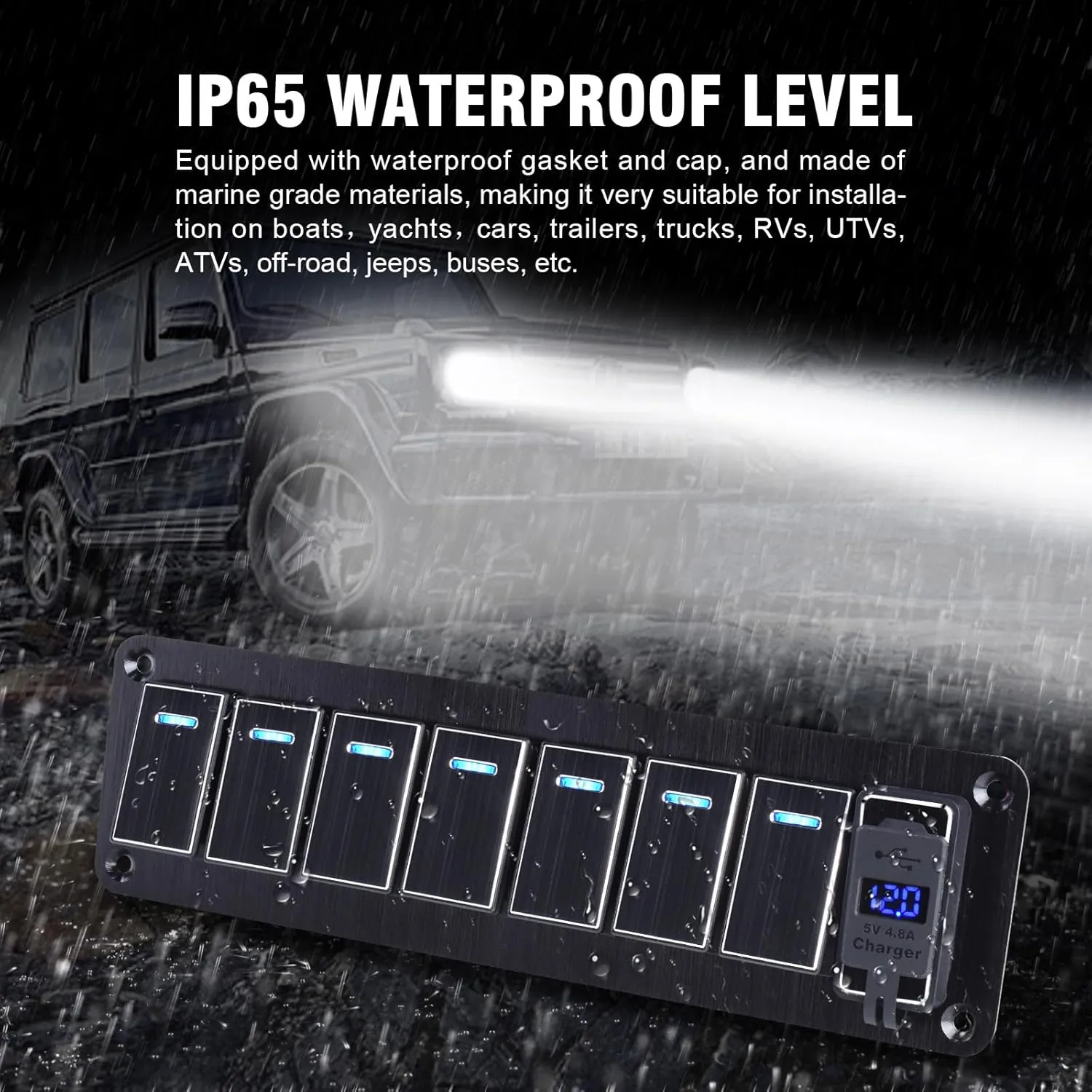 7 Gang Aluminum Rocker Switch Panel with 4.8 Amp Dual USB Charger Voltmeter Waterproof 12V 24V DC Rocker Switch with Night Glow Stickers for Cars Trucks Boats RVs