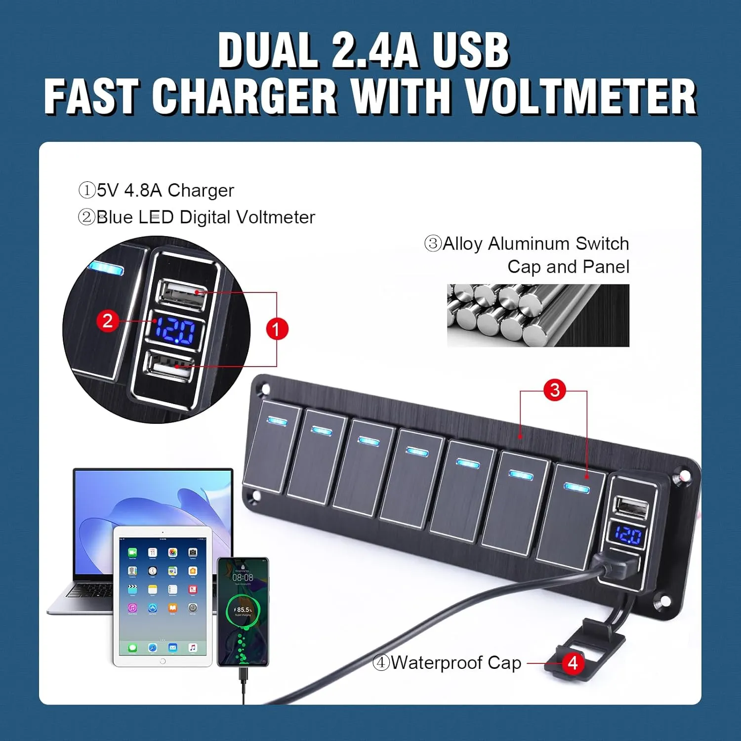 7 Gang Aluminum Rocker Switch Panel with 4.8 Amp Dual USB Charger Voltmeter Waterproof 12V 24V DC Rocker Switch with Night Glow Stickers for Cars Trucks Boats RVs
