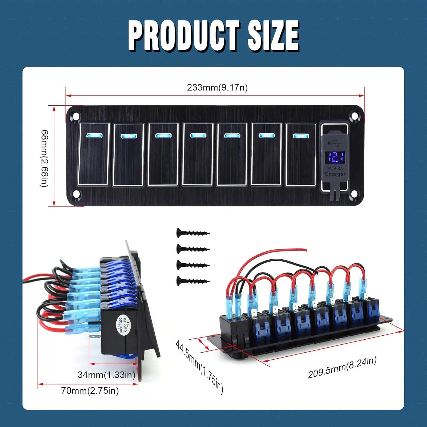 7 Gang Aluminum Rocker Switch Panel with 4.8 Amp Dual USB Charger Voltmeter Waterproof 12V 24V DC Rocker Switch with Night Glow Stickers for Cars Trucks Boats RVs