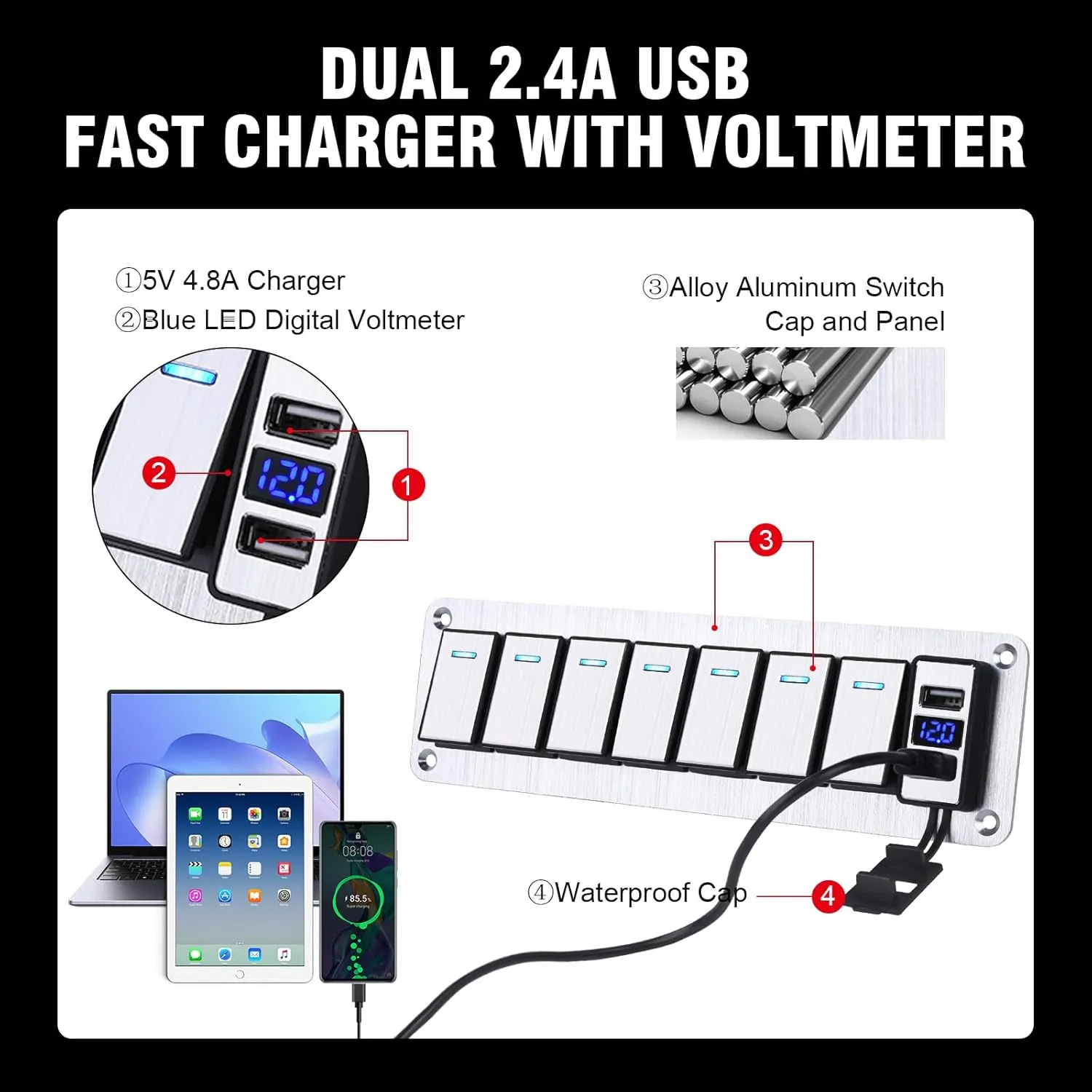 7 Gang Aluminum Rocker Switch Panel with 4.8 Amp Dual USB Charger Voltmeter Waterproof 12V 24V DC Rocker Switch with Stickers for Cars Trucks Boats RVs Silver