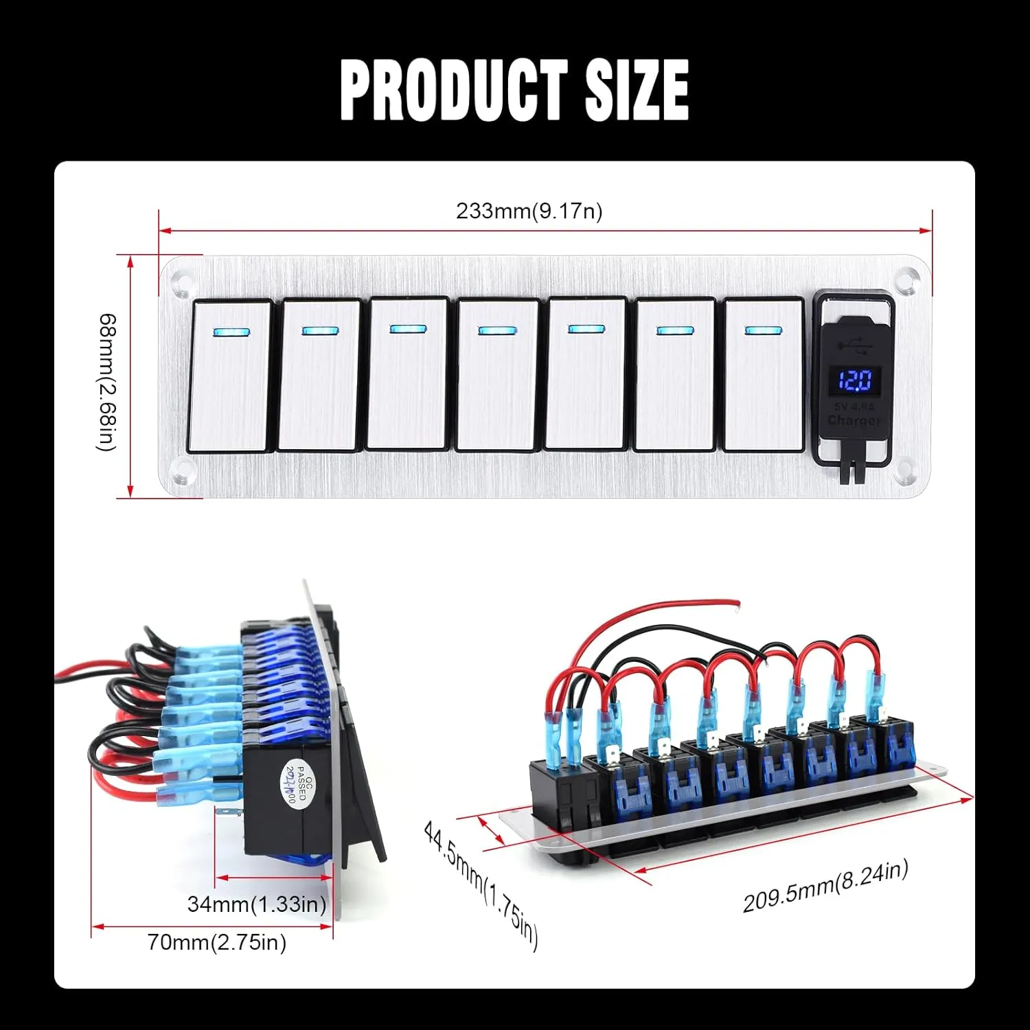7 Gang Aluminum Rocker Switch Panel with 4.8 Amp Dual USB Charger Voltmeter Waterproof 12V 24V DC Rocker Switch with Stickers for Cars Trucks Boats RVs Silver