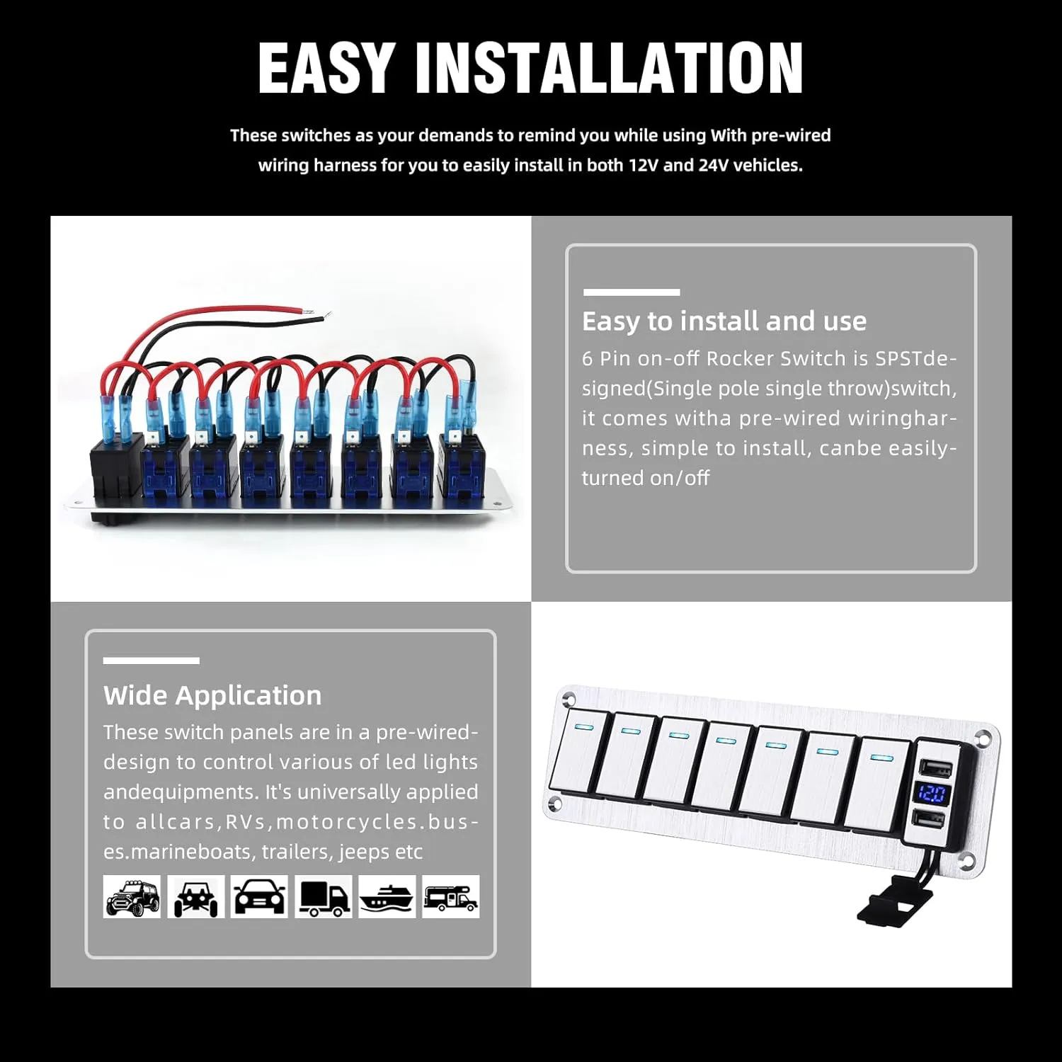 7 Gang Aluminum Rocker Switch Panel with 4.8 Amp Dual USB Charger Voltmeter Waterproof 12V 24V DC Rocker Switch with Stickers for Cars Trucks Boats RVs Silver