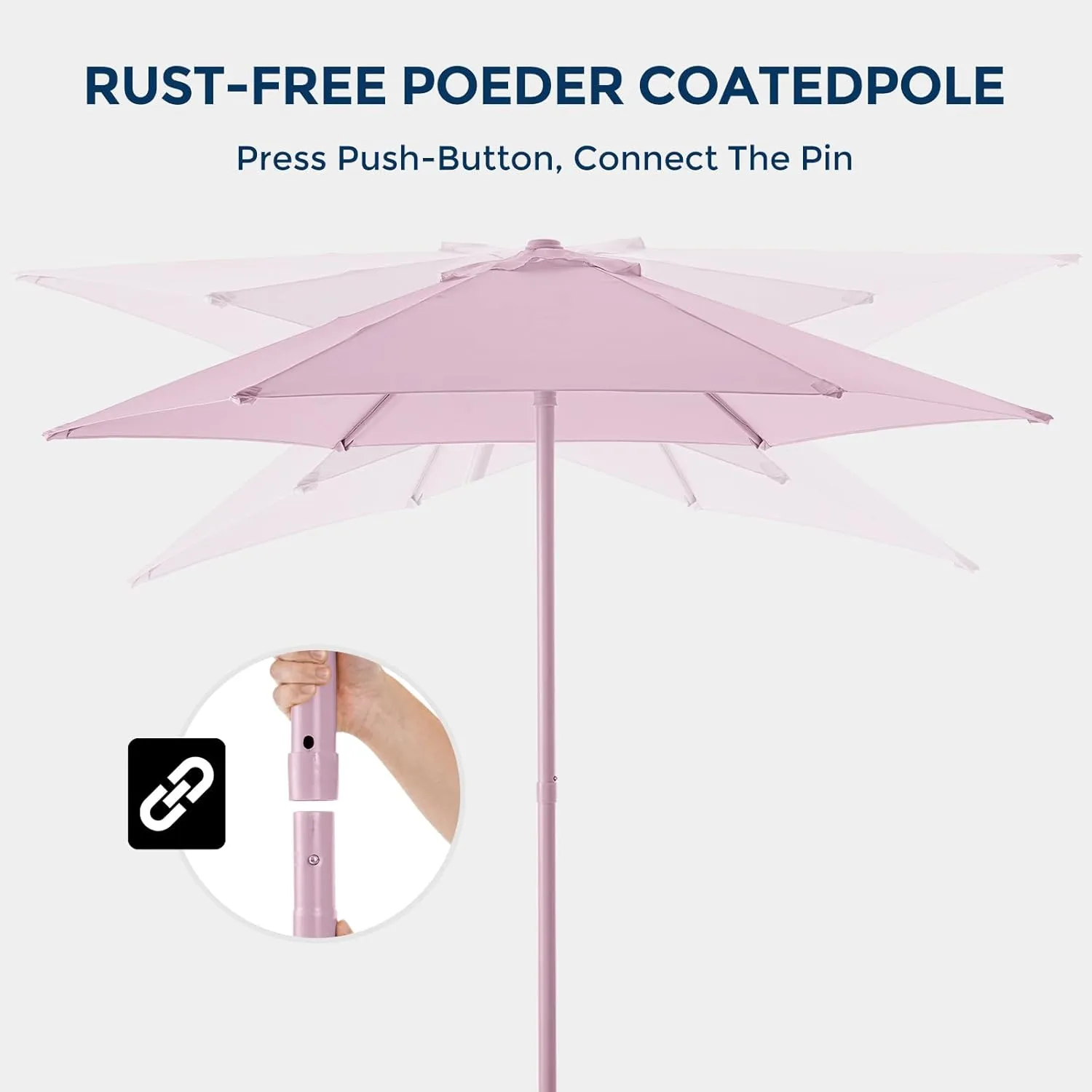 7.5ft Outdoor 1S Push-Up Patio Umbrella - Market Table Pool Deck Umbrella UPF50  UV Protection with 6 Sturdy Ribs for Balcony, Garden, Lawn, Backyard (Light Pink)