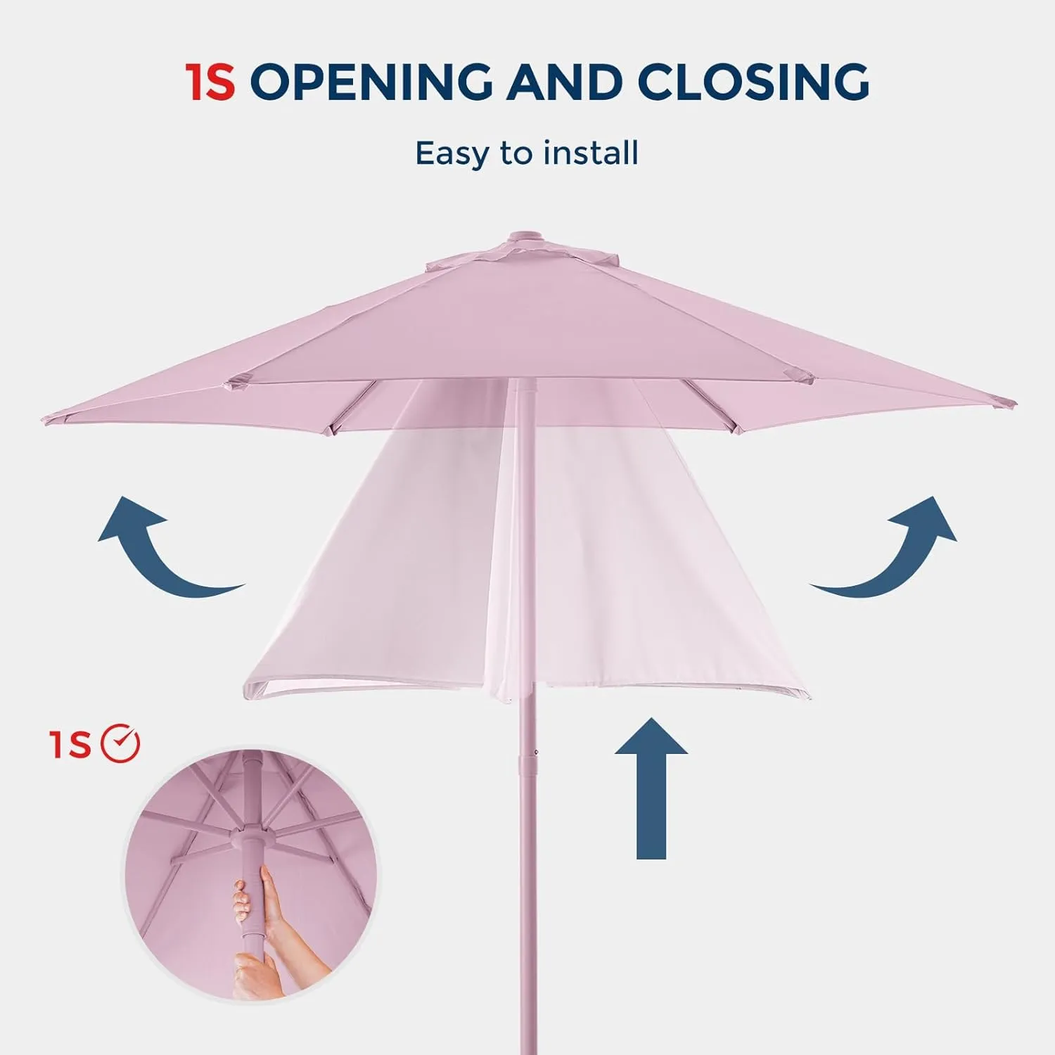 7.5ft Outdoor 1S Push-Up Patio Umbrella - Market Table Pool Deck Umbrella UPF50  UV Protection with 6 Sturdy Ribs for Balcony, Garden, Lawn, Backyard (Light Pink)