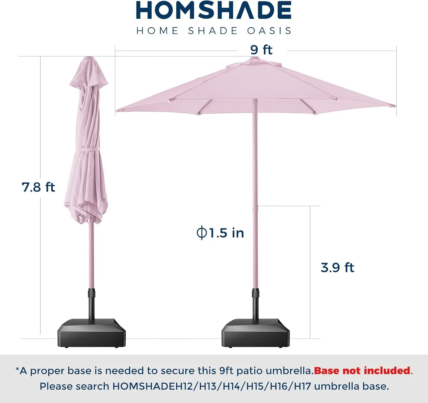 7.5ft Outdoor 1S Push-Up Patio Umbrella - Market Table Pool Deck Umbrella UPF50  UV Protection with 6 Sturdy Ribs for Balcony, Garden, Lawn, Backyard (Light Pink)