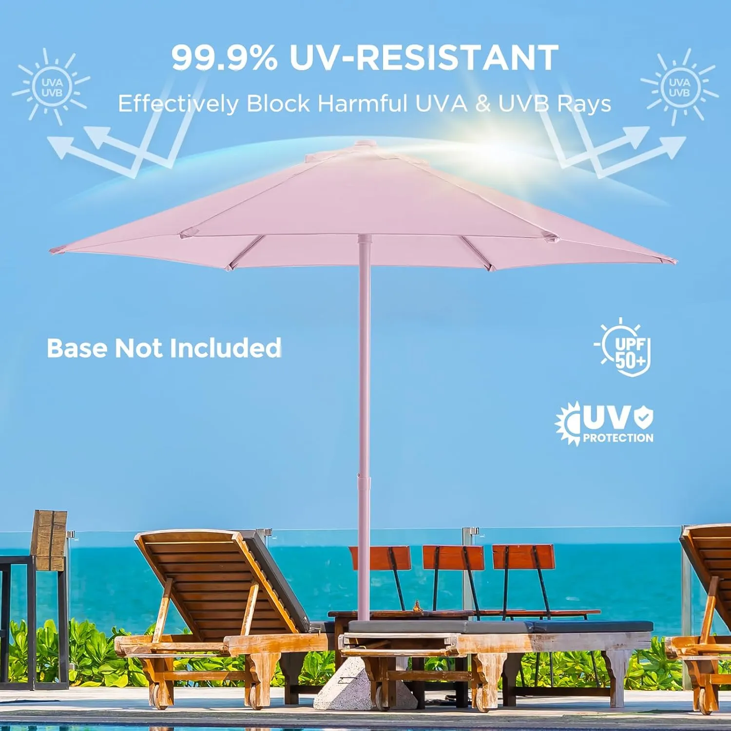 7.5ft Outdoor 1S Push-Up Patio Umbrella - Market Table Pool Deck Umbrella UPF50  UV Protection with 6 Sturdy Ribs for Balcony, Garden, Lawn, Backyard (Light Pink)