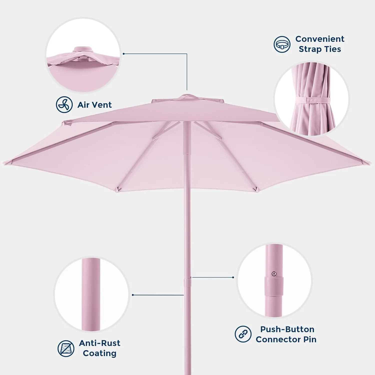 7.5ft Outdoor 1S Push-Up Patio Umbrella - Market Table Pool Deck Umbrella UPF50  UV Protection with 6 Sturdy Ribs for Balcony, Garden, Lawn, Backyard (Light Pink)