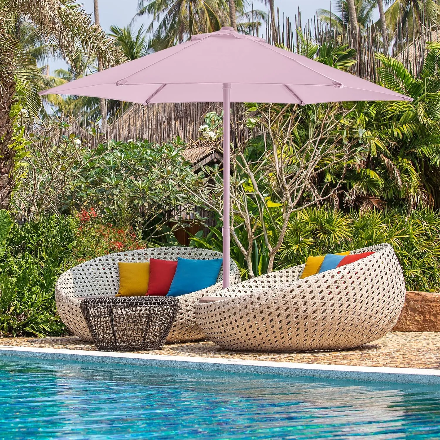 7.5ft Outdoor 1S Push-Up Patio Umbrella - Market Table Pool Deck Umbrella UPF50  UV Protection with 6 Sturdy Ribs for Balcony, Garden, Lawn, Backyard (Light Pink)