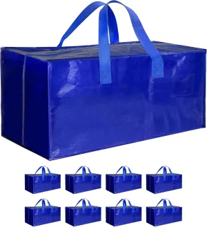 8 Pack Oversized Heavy Duty Moving Bags with Backpack Straps, Strong Handles & Zippers, Extra Large Storage Tote Moving Boxes for Space Saving, Blue