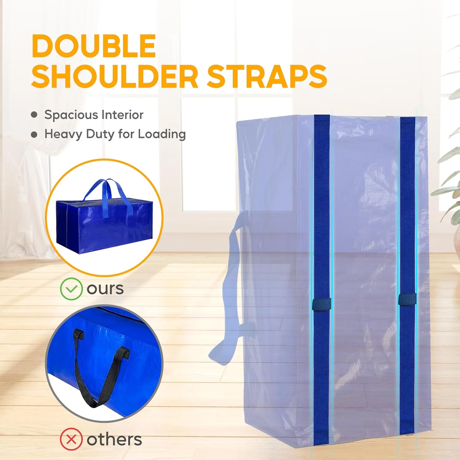 8 Pack Oversized Heavy Duty Moving Bags with Backpack Straps, Strong Handles & Zippers, Extra Large Storage Tote Moving Boxes for Space Saving, Blue