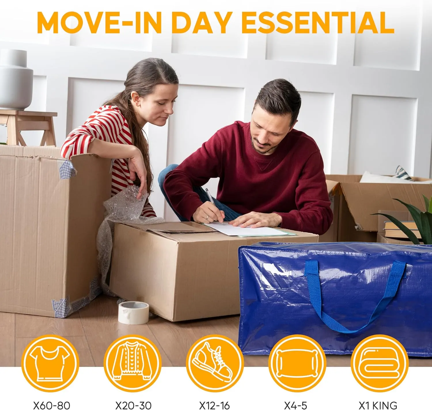 8 Pack Oversized Heavy Duty Moving Bags with Backpack Straps, Strong Handles & Zippers, Extra Large Storage Tote Moving Boxes for Space Saving, Blue
