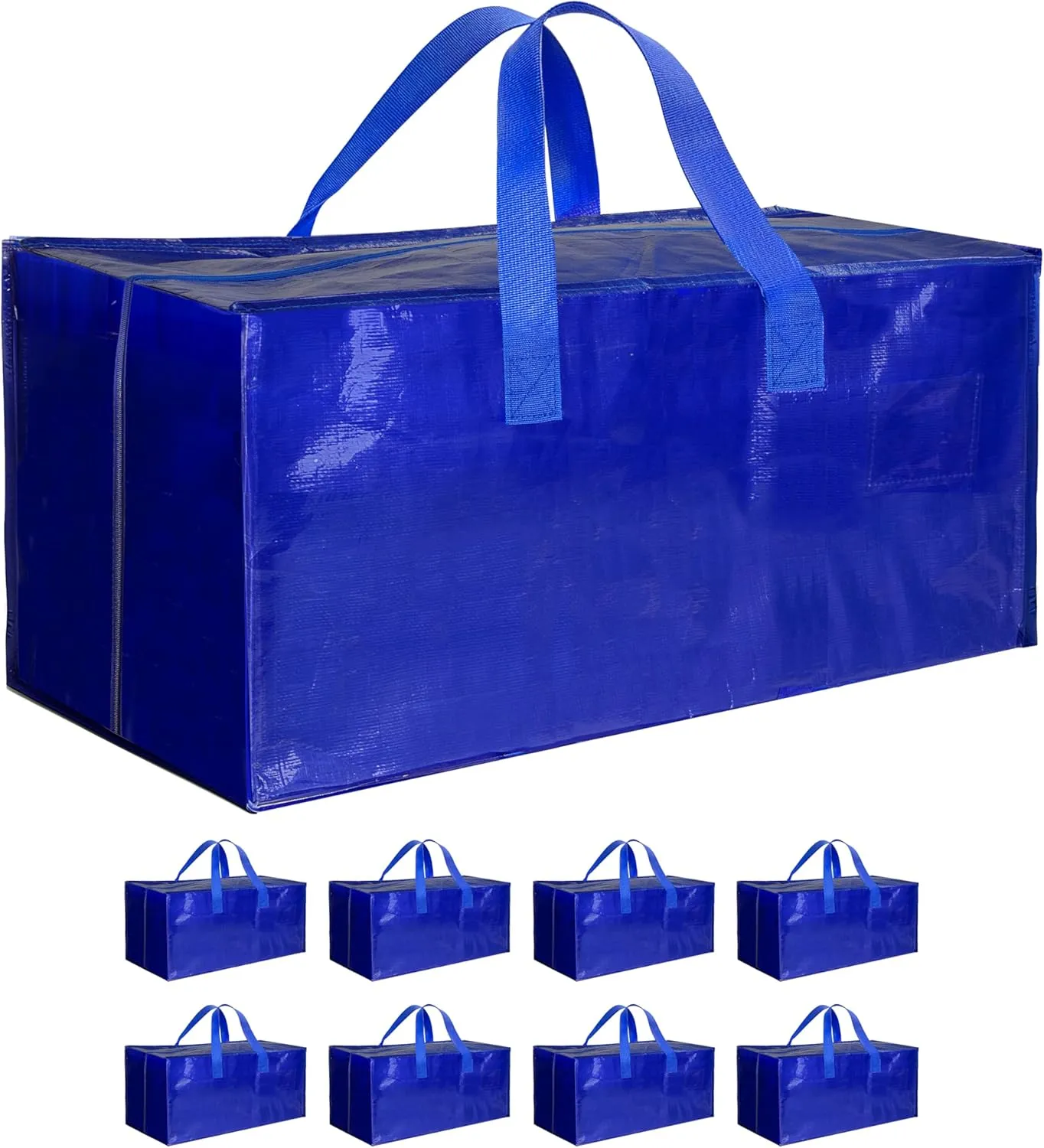 8 Pack Oversized Heavy Duty Moving Bags with Backpack Straps, Strong Handles & Zippers, Extra Large Storage Tote Moving Boxes for Space Saving, Blue