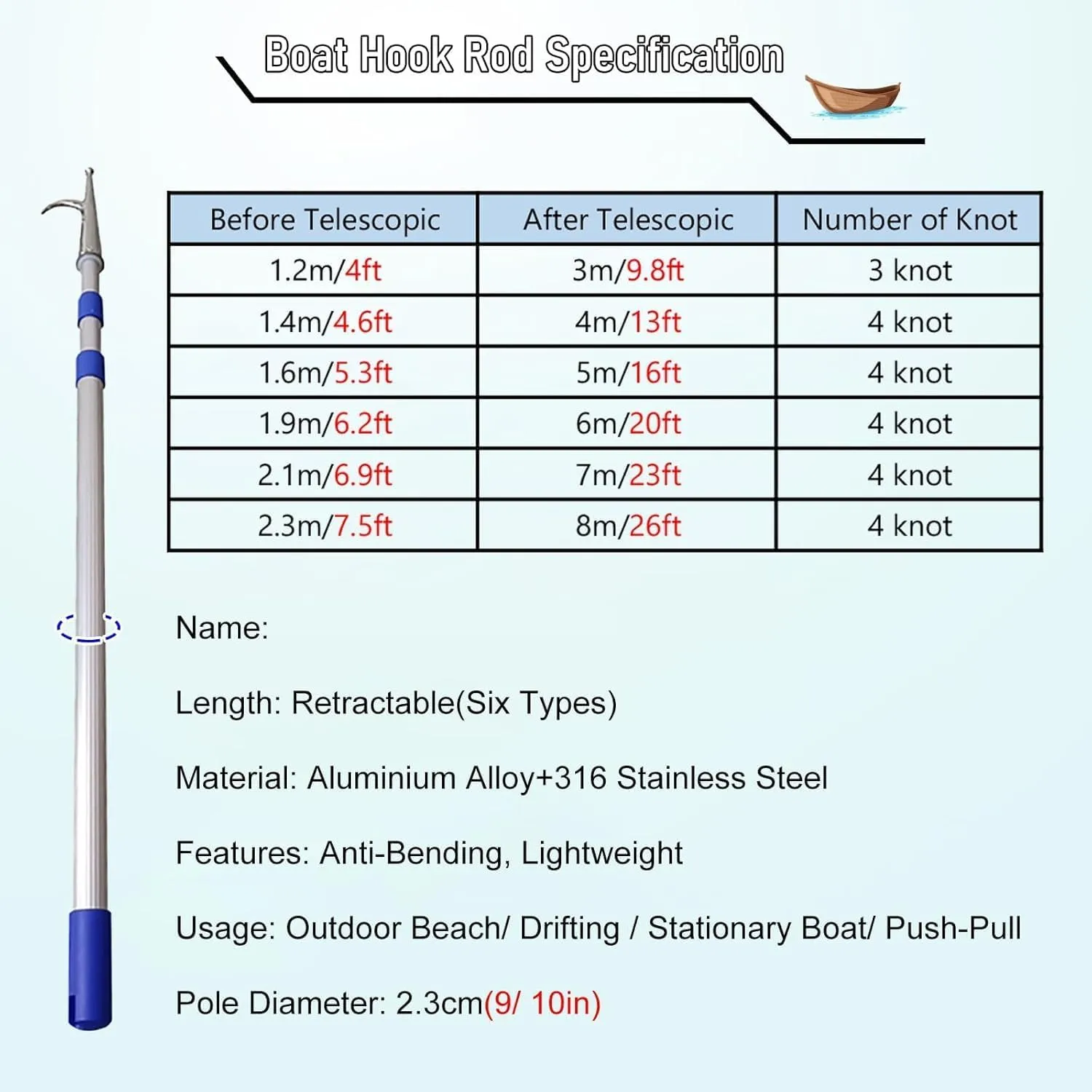 9 13 16 20 23 26 FT Pulling Poles Rods with Aluminum Extension Pole, Boat Hooks for Docking Telescoping, Water Rescue/Push-Pull/Boating Lightweight Docks Stick