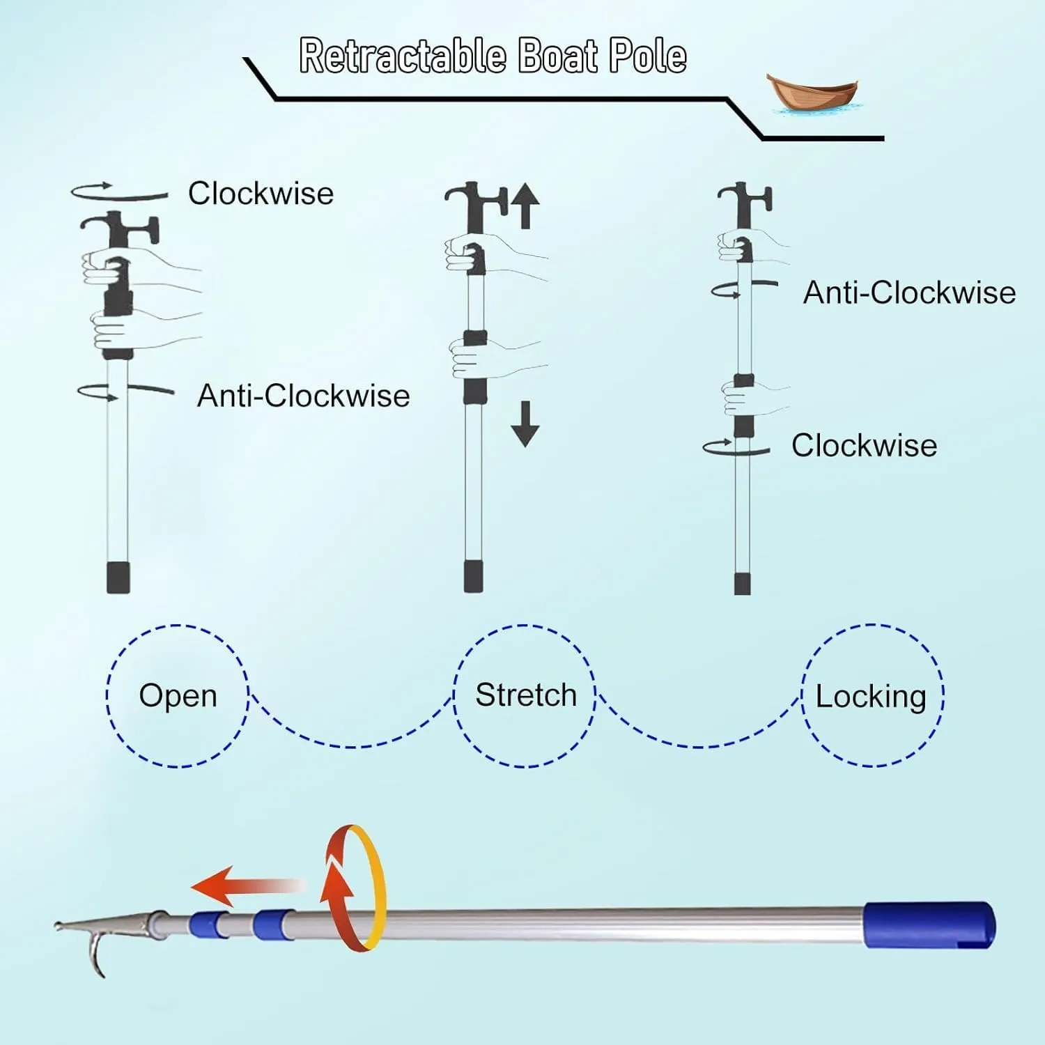 9 13 16 20 23 26 FT Pulling Poles Rods with Aluminum Extension Pole, Boat Hooks for Docking Telescoping, Water Rescue/Push-Pull/Boating Lightweight Docks Stick