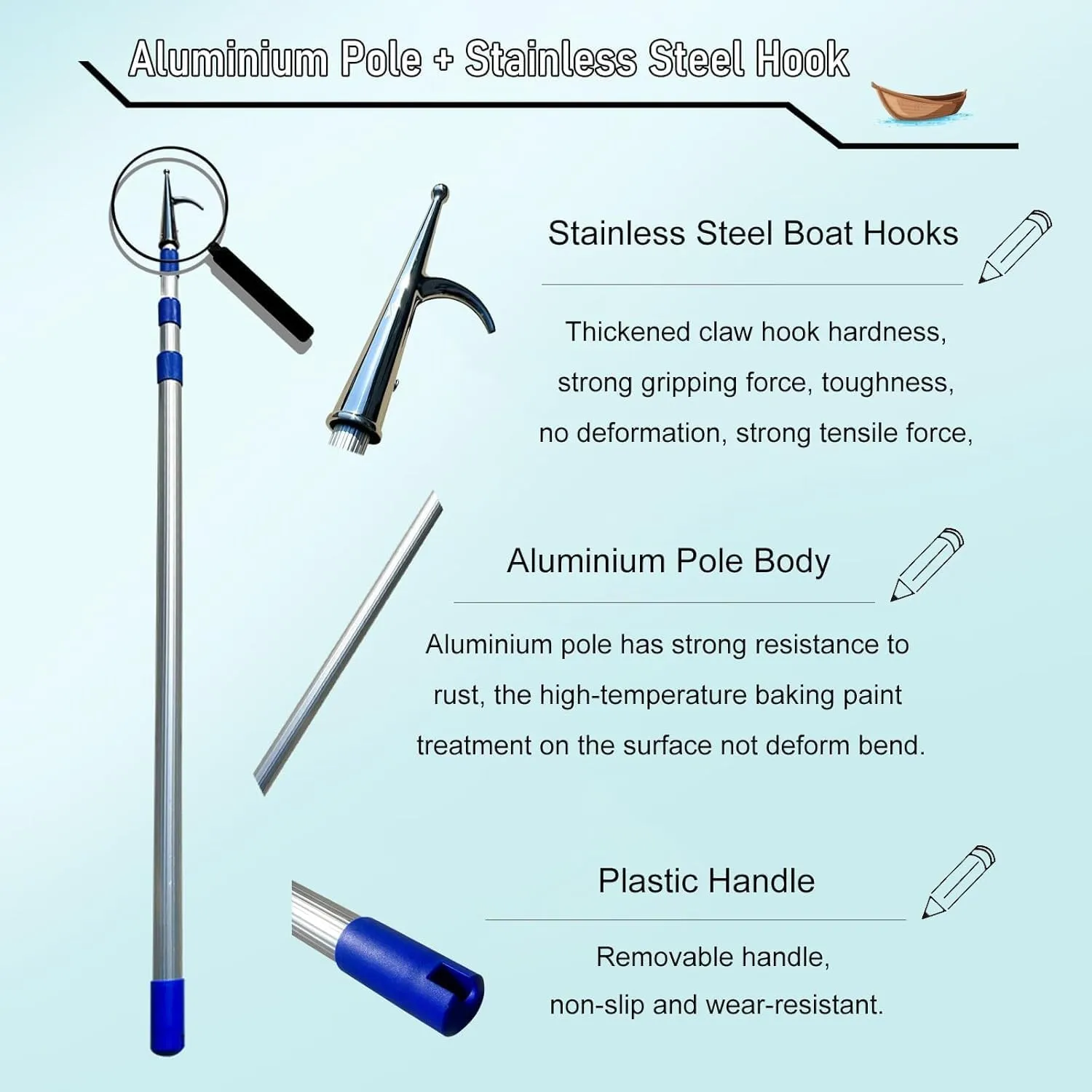 9 13 16 20 23 26 FT Pulling Poles Rods with Aluminum Extension Pole, Boat Hooks for Docking Telescoping, Water Rescue/Push-Pull/Boating Lightweight Docks Stick