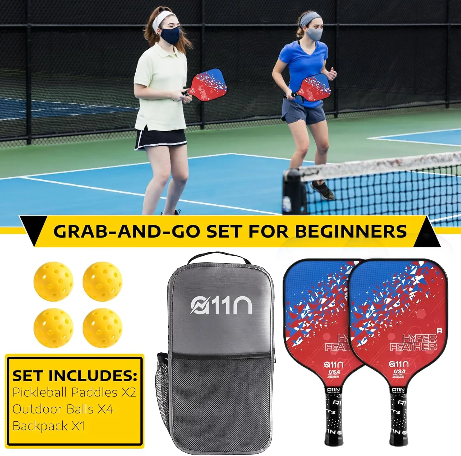 A11N HyperFeather R Pickleball Paddles Set of 2 Rackets with 4 Outdoor Balls and 1 Backpack, USA Pickleball Approved