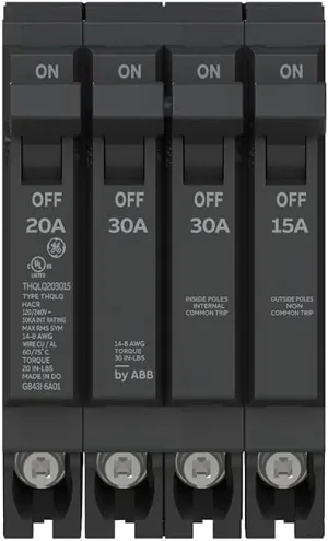 ABB Q-Line® THQLQ203015 Quad Circuit Breaker • 20A/1P & 30A/2P & 15A/1P Configuration • 120/240 VAC, 10 kAIC • Space-Saving Plug-in Mount • Durable Design for Copper & Aluminum Wiring