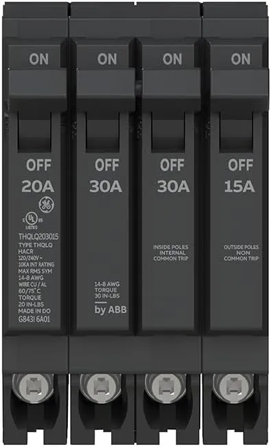 ABB Q-Line® THQLQ203015 Quad Circuit Breaker • 20A/1P & 30A/2P & 15A/1P Configuration • 120/240 VAC, 10 kAIC • Space-Saving Plug-in Mount • Durable Design for Copper & Aluminum Wiring