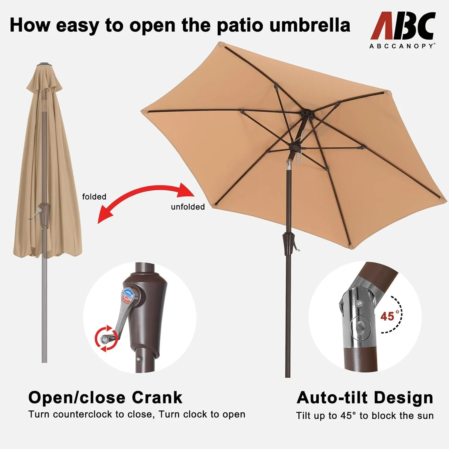 ABCCANOPY 7.5FT OutdoorPatio Umbrella, UV Protection Table Umbrella w/Crank for Easy Set Up, Suitable for Garden, Lawn, Deck & Backyard (Khaki)