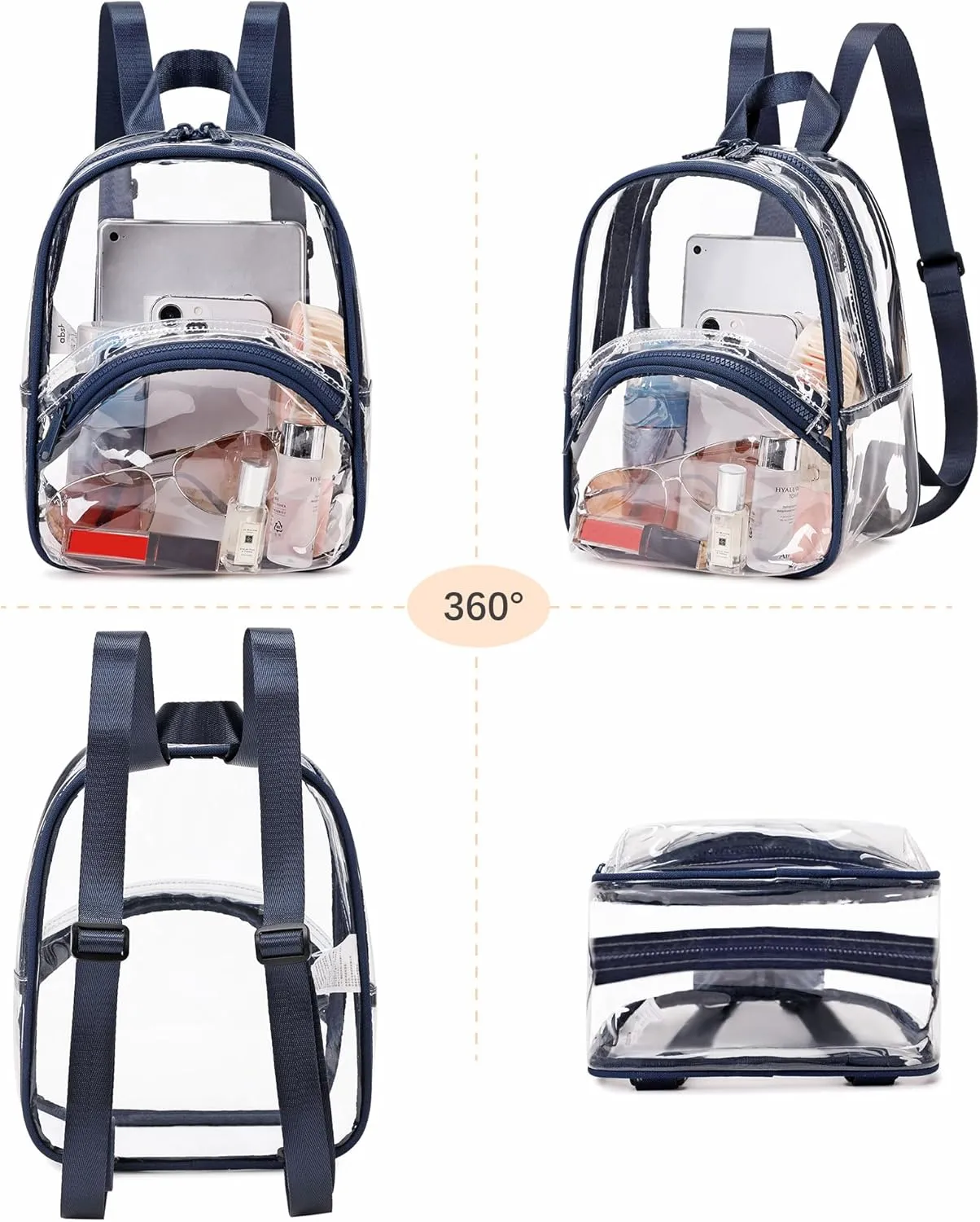 abshoo Clear Mini Backpack for Stadium Events Approved 12 x6 x12 Clear Bag for Girls Women See Through Bag for Concert Work Sport Event (Navy)