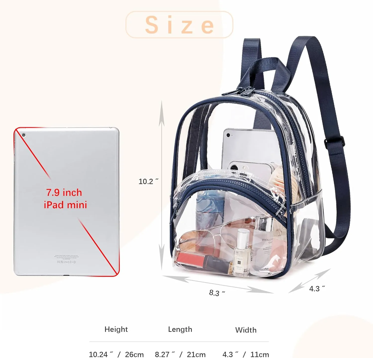abshoo Clear Mini Backpack for Stadium Events Approved 12 x6 x12 Clear Bag for Girls Women See Through Bag for Concert Work Sport Event (Navy)