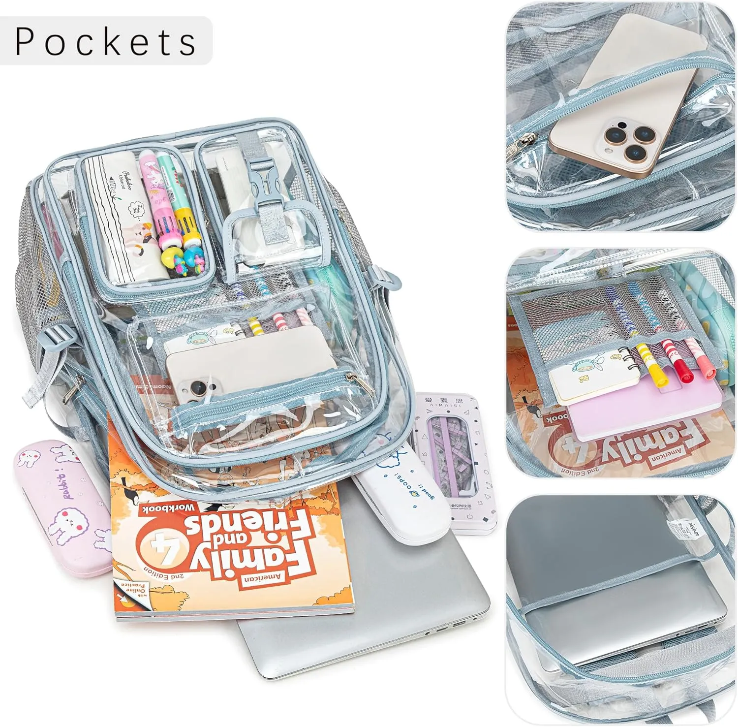 abshoo Large Clear Backpack For Girls Women Heavy Duty Clear Bookbag for School Transparent Backpack (Baby Blue)