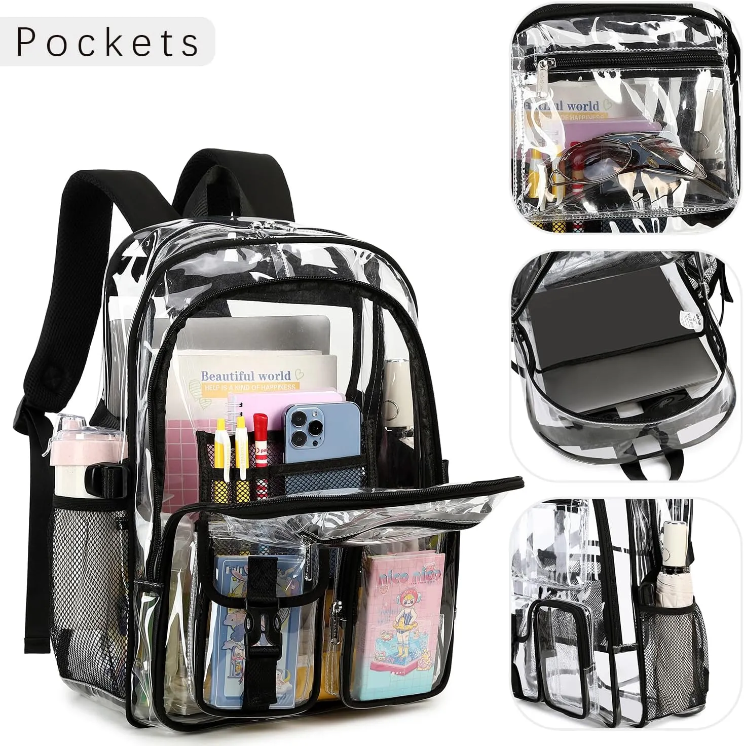 abshoo Large Clear Backpack For Girls Women School Bookbag Heavy Duty Transparent Backpack (Black)