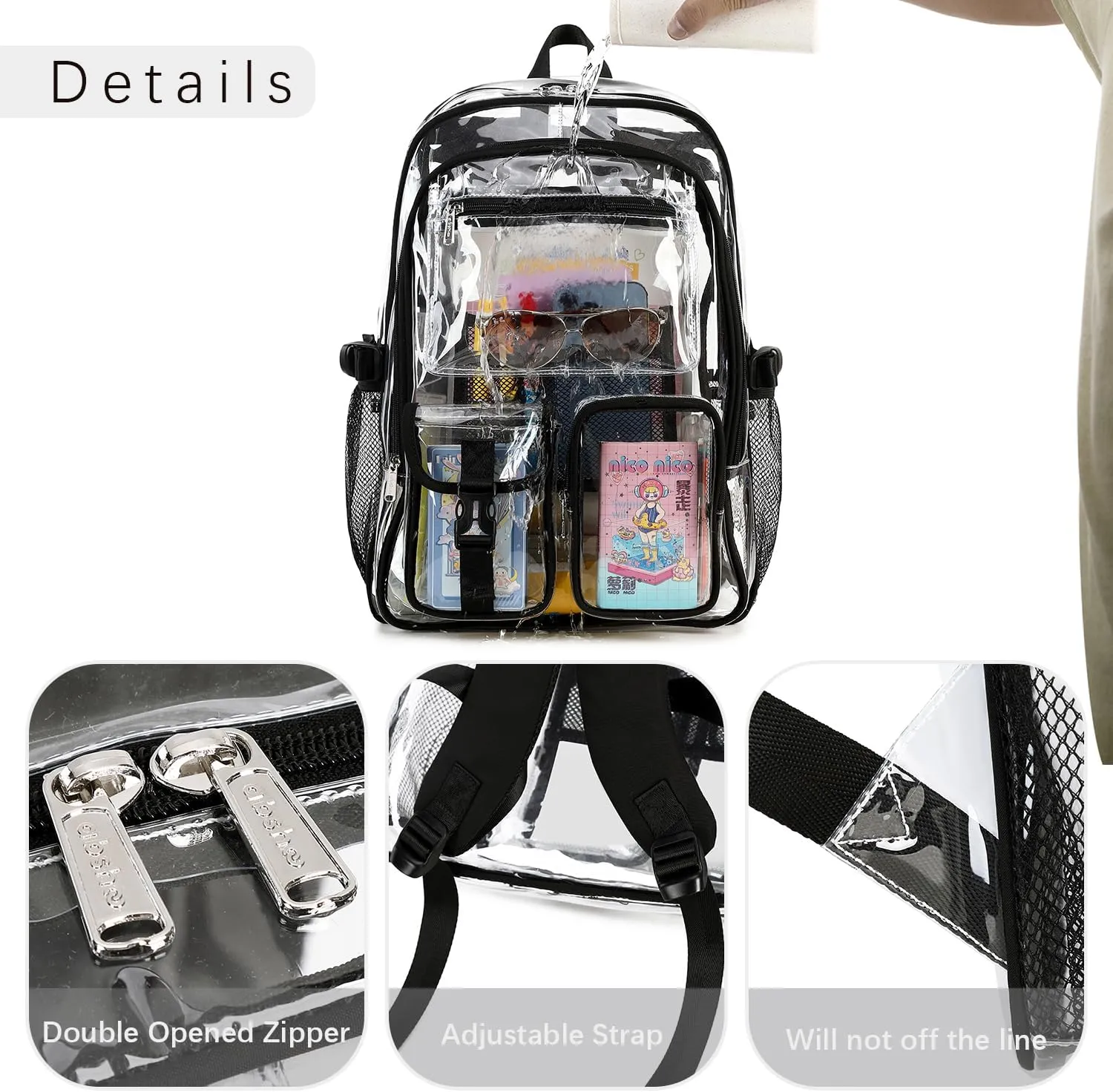 abshoo Large Clear Backpack For Girls Women School Bookbag Heavy Duty Transparent Backpack (Black)
