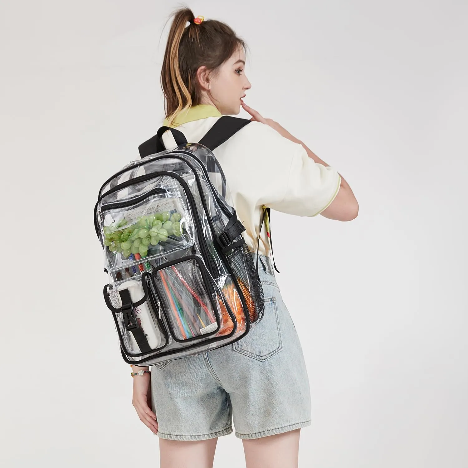 abshoo Large Clear Backpack For Girls Women School Bookbag Heavy Duty Transparent Backpack (Black)