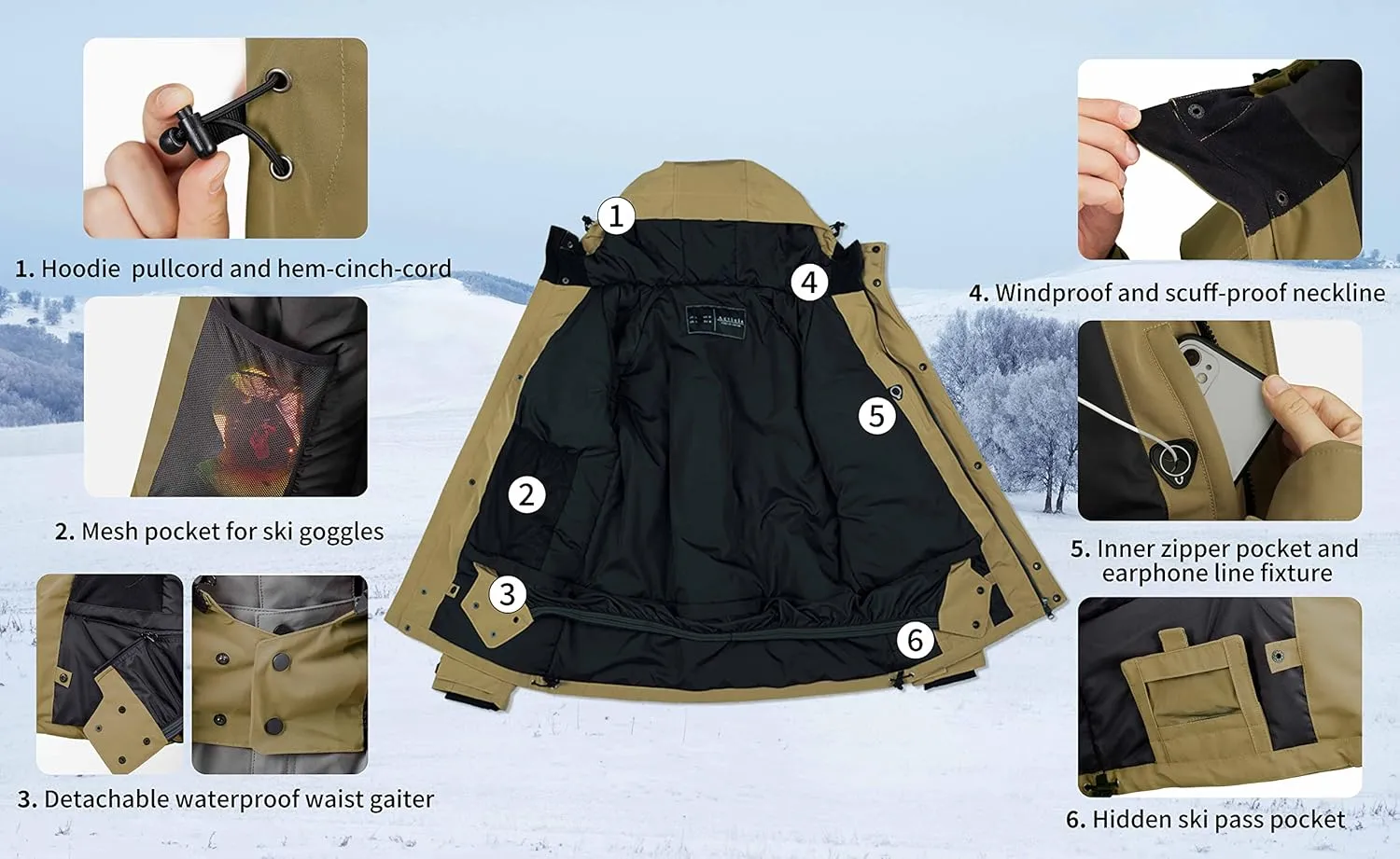 Actleis Men's Waterproof Snowboarding Jacket Winter Warm Windproof Ski Snow Coat With Hood