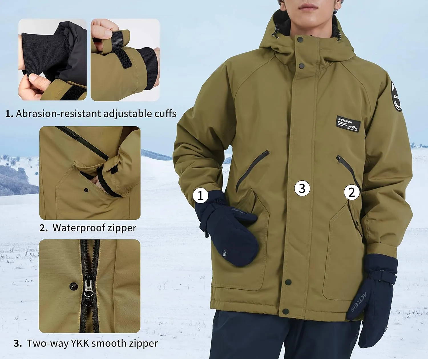 Actleis Men's Waterproof Snowboarding Jacket Winter Warm Windproof Ski Snow Coat With Hood