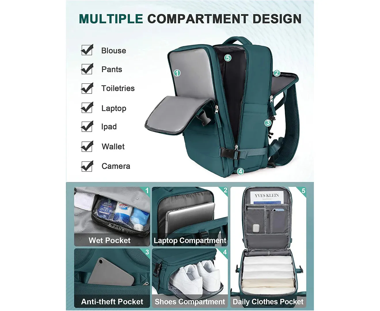 Airline Approved Carry on Backpack Travel Backpack Gym Backpack Waterproof Business Laptop Daypack,Darkgreen