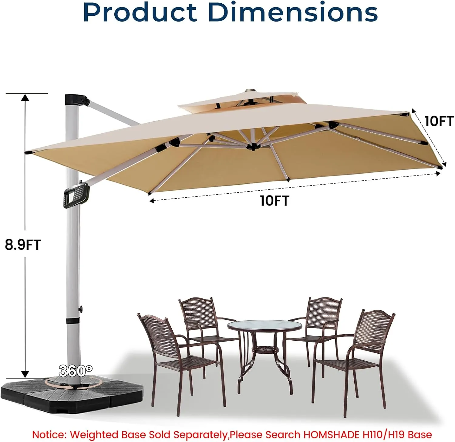 Aluminum Cantilever Patio Umbrella - Large Offset Heavy-Duty Umbrella with 360° Rotation, Infinite Tilt, Double Top, 10-Year Rustproof, 5-Year Fade-Resistant for Outdoor, Pool