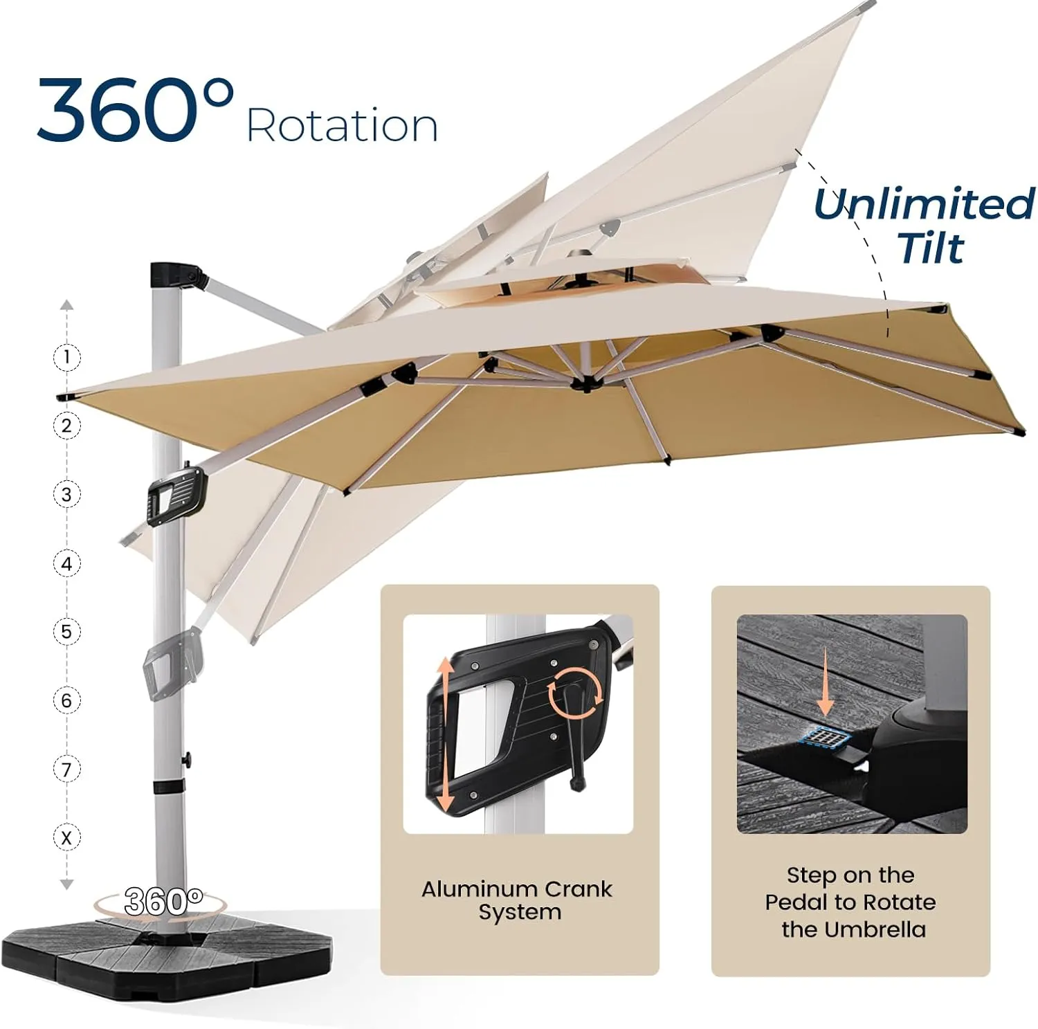 Aluminum Cantilever Patio Umbrella - Large Offset Heavy-Duty Umbrella with 360° Rotation, Infinite Tilt, Double Top, 10-Year Rustproof, 5-Year Fade-Resistant for Outdoor, Pool