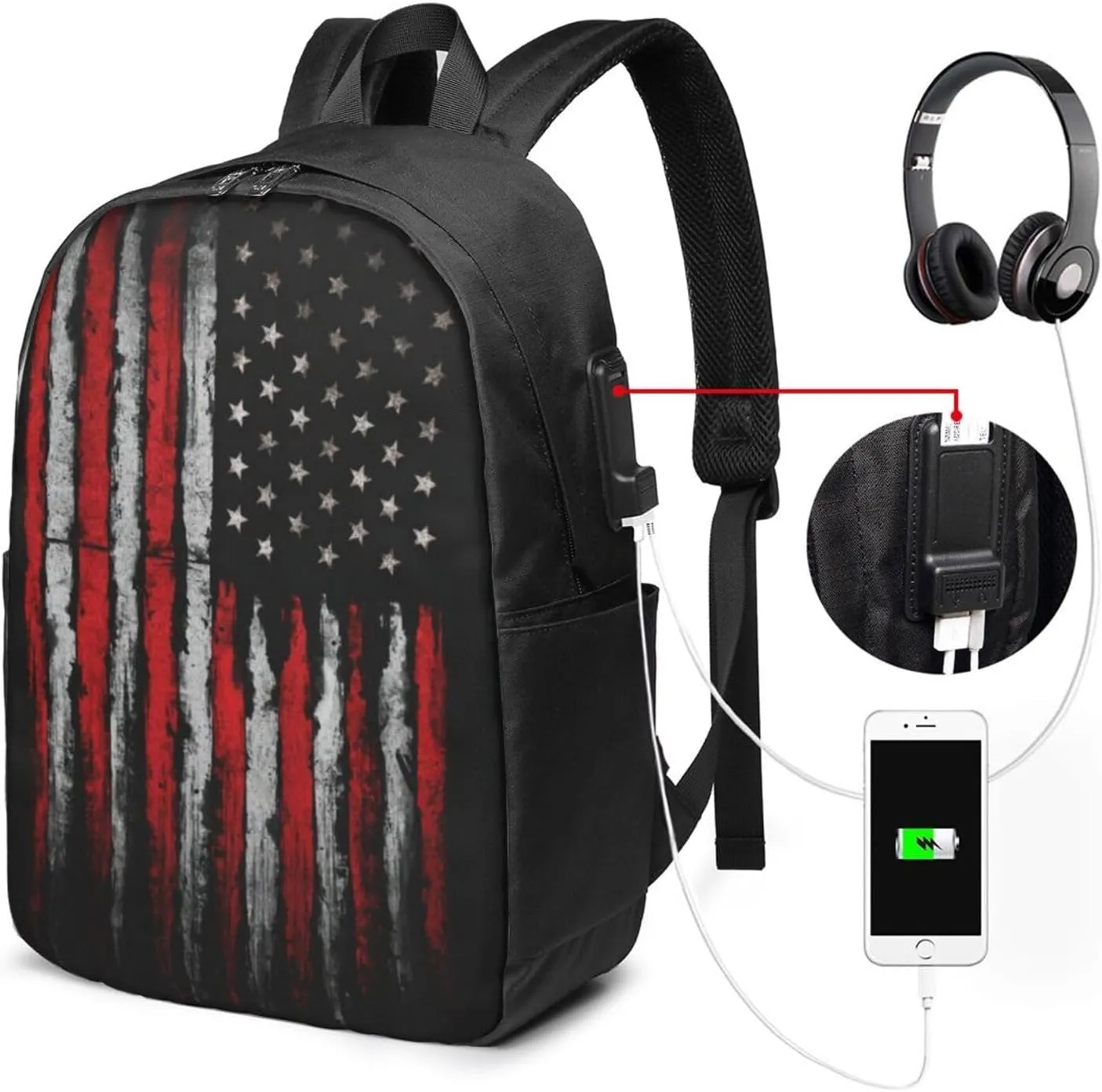 American flag Backpack, 17 Inch Travel Business Laptop Backpack With USB Port for Women Men