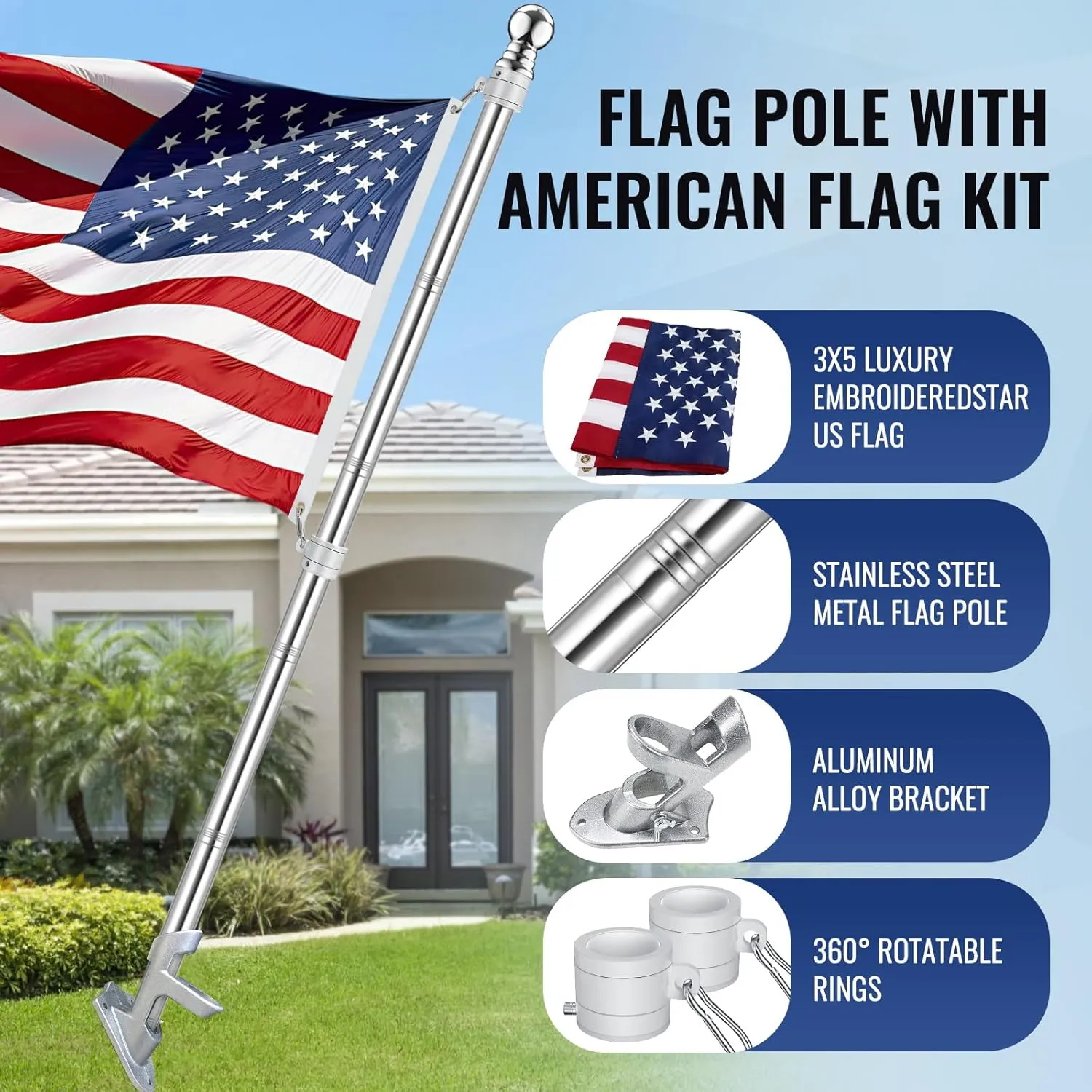 American Flag Pole Kit, Including 100% Polyester 3x5 ft US Flag, 5 Ft Aluminum White No Tangle Spinning Pole and Multi-Position Flag Pole Bracket