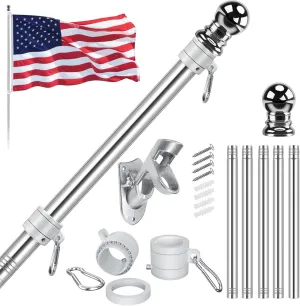 American Flag Pole Kit, Including 100% Polyester 3x5 ft US Flag, 5 Ft Aluminum White No Tangle Spinning Pole and Multi-Position Flag Pole Bracket