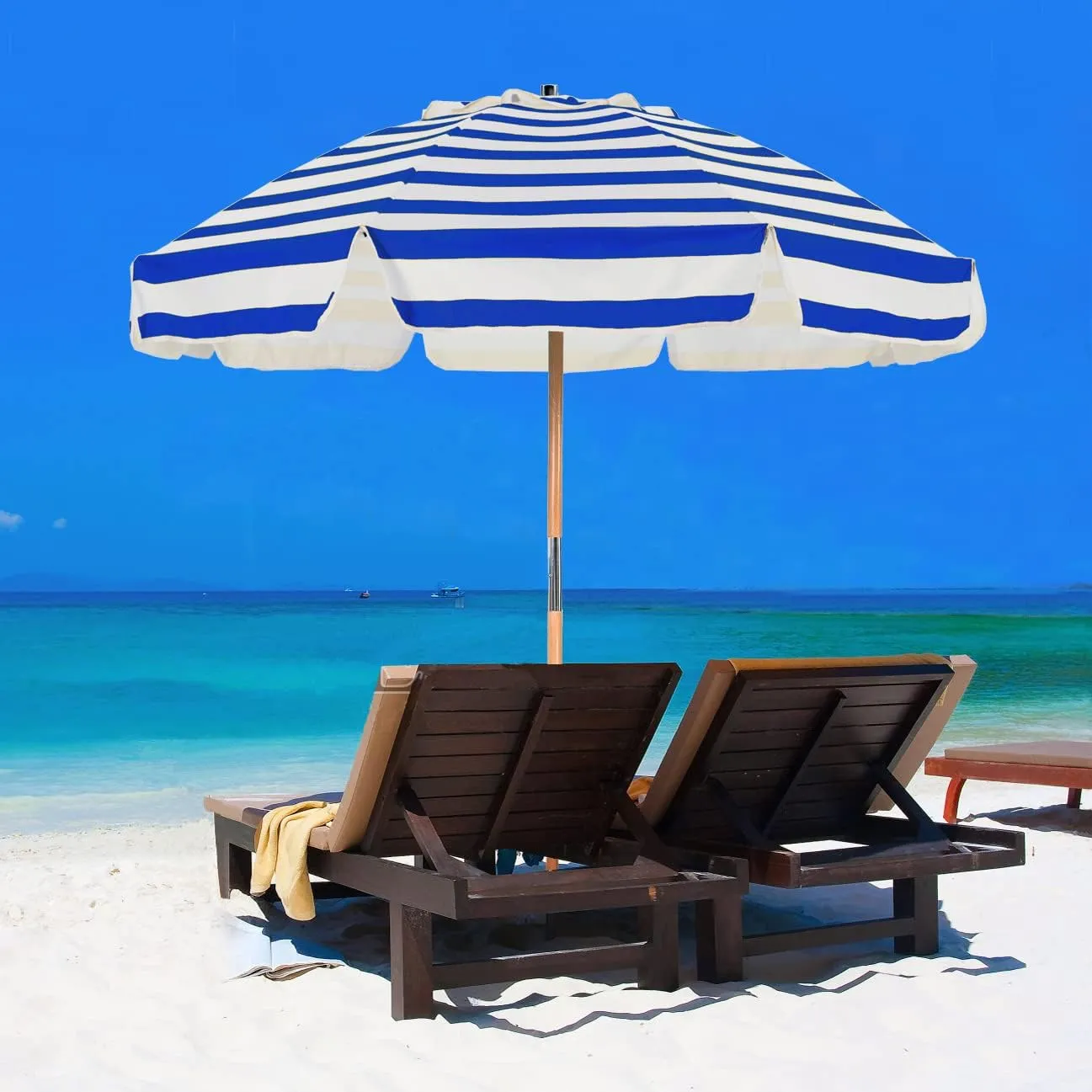 AMMSUN 7.5ft Heavy Duty HIGH Wind Beach Umbrella Commercial Grade Patio Beach Umbrella with Air Vent Ash Wood Pole & Carry Bag UPF 50  Protection Stripe Blue white