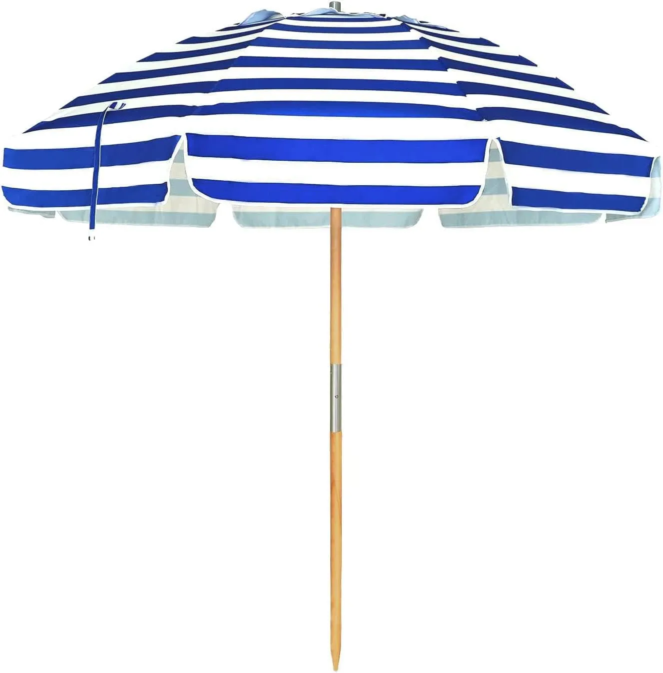 AMMSUN 7.5ft Heavy Duty HIGH Wind Beach Umbrella Commercial Grade Patio Beach Umbrella with Air Vent Ash Wood Pole & Carry Bag UPF 50  Protection Stripe Blue white