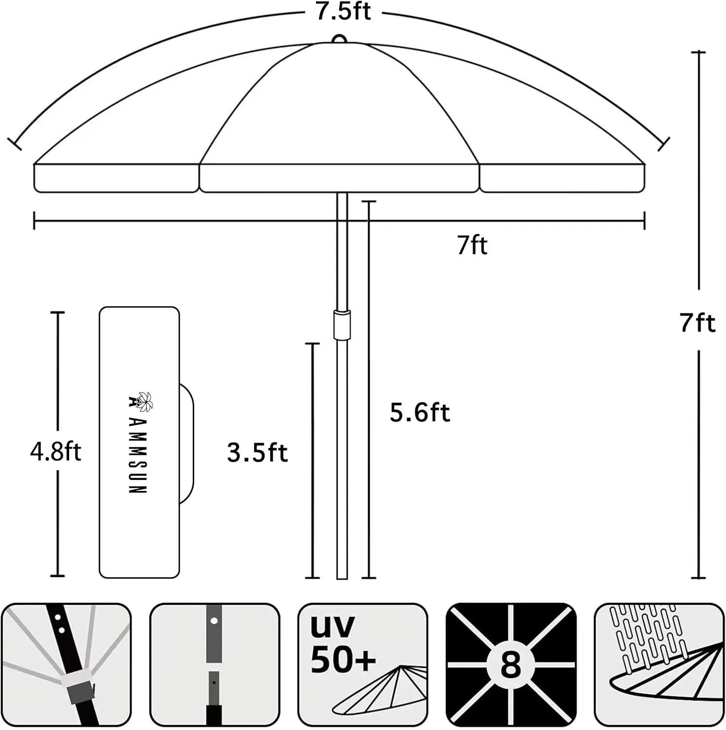 AMMSUN 7.5ft Heavy Duty HIGH Wind Beach Umbrella Commercial Grade Patio Beach Umbrella with Air Vent Ash Wood Pole & Carry Bag UPF 50  Protection Stripe Blue white