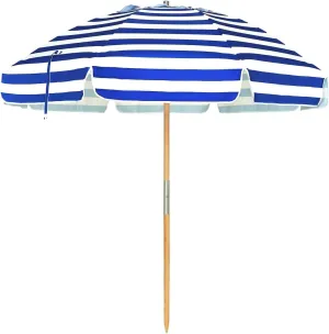 AMMSUN 7.5ft Heavy Duty HIGH Wind Beach Umbrella Commercial Grade Patio Beach Umbrella with Air Vent Ash Wood Pole & Carry Bag UPF 50  Protection Stripe Blue white